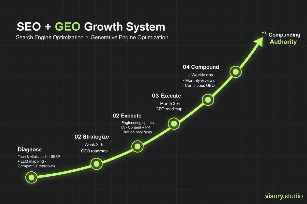 Visory Studio SEO and GEO growth system for health-tech marketing, shown as four rising phases
