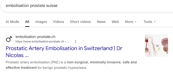 Google search result showing embolisation-prostate.ch ranking first for the query embolisation prostate suisse