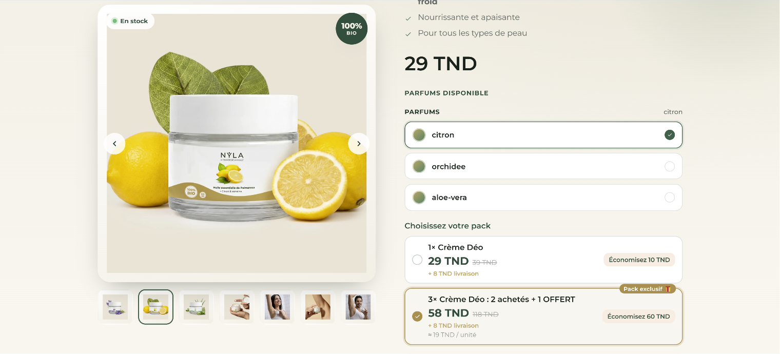 NYLA Care Shopify product page showing the natural deodorant cream, fragrance options and bundle pricing