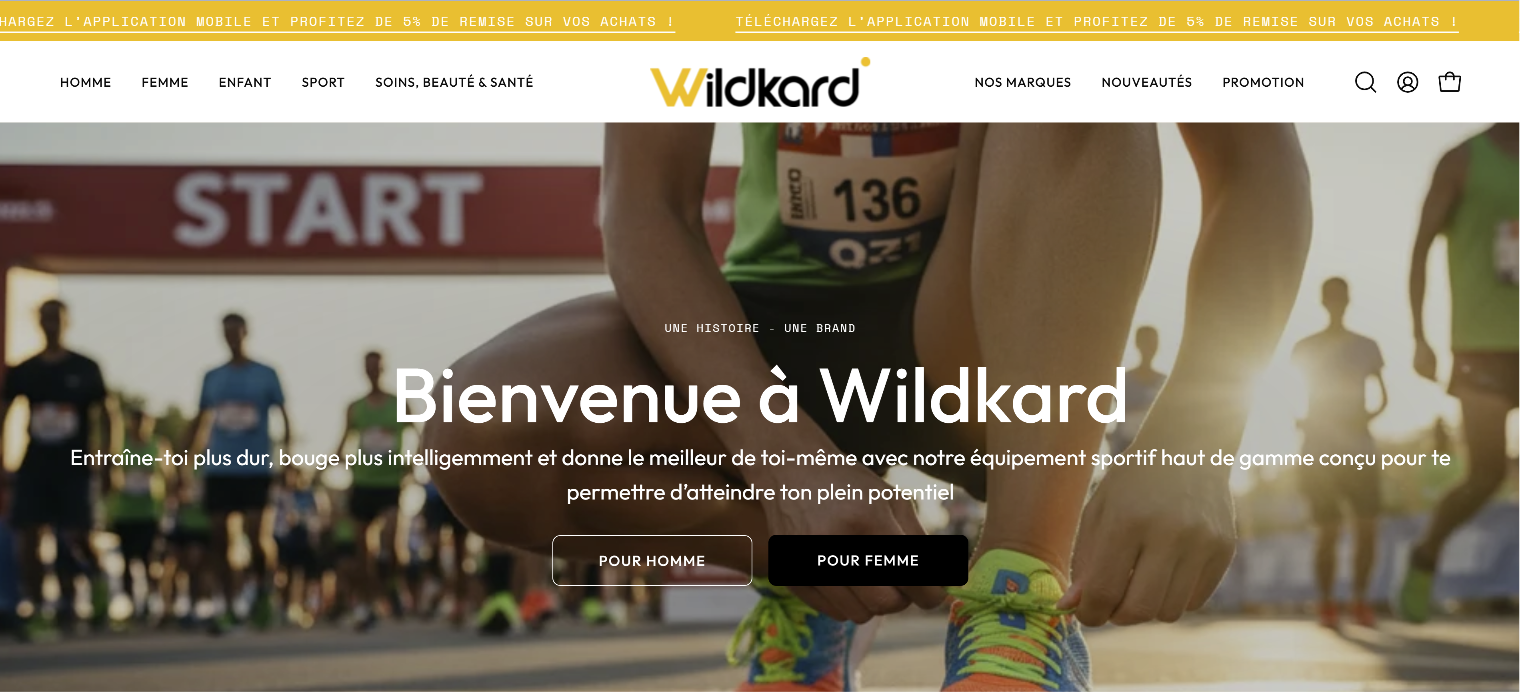 Wildkard Shopify homepage showing catalogue navigation across men, women, children, sport and personal care